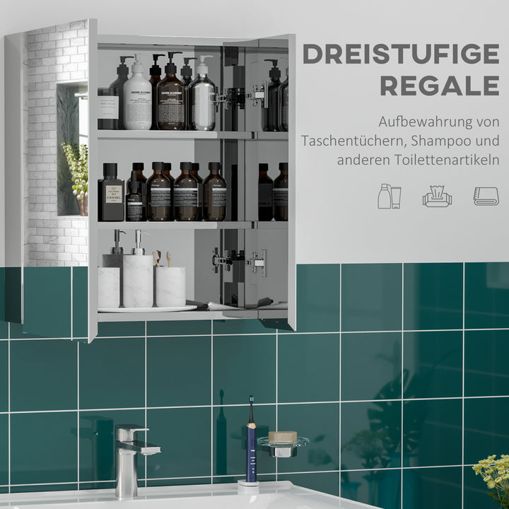 Spejlskab, badeværelsesskab, 2 spejldøre, 3 indvendige hylder, rustfrit stål, farve: sølv, 54 x 13 x 60 cm