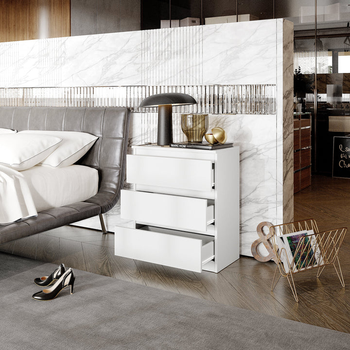 GABRIEL - Natbord / sengebord med 3 skuffer - Hvid Mat - H72cm B60cm D33cm