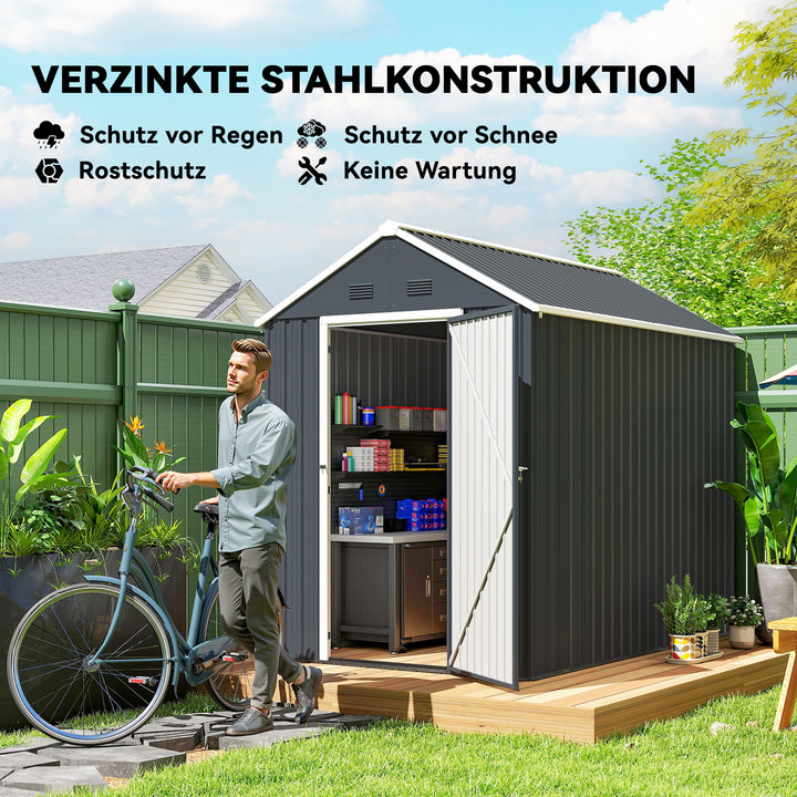 Haveskur, metalredskabsskur, dobbeltdør, vindue, 259x172x222 cm, grå/hvid