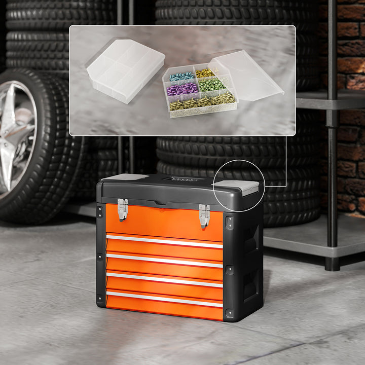 Tom værktøjskasse, 49,7 x 25,3 x 40,7 cm værktøjskasse med 4 skuffer, minikasse stål orange