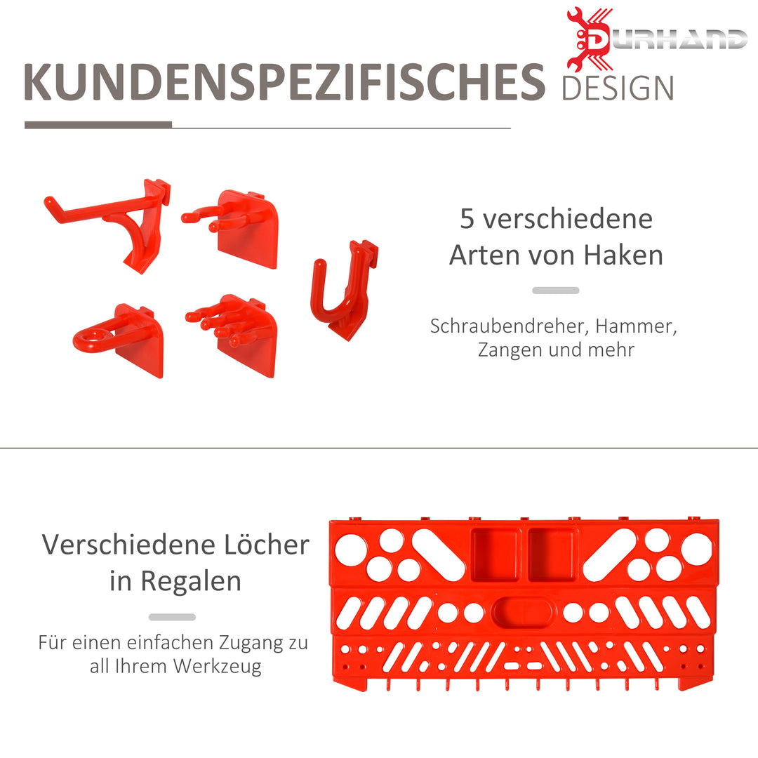 Værktøjshylde med perforeret væg 54 dele værktøjsholder værktøjsvæg til værkstedsopbevaringskasser krogsæt pp grå + rød 95,5 x 23 x 53,5 cm