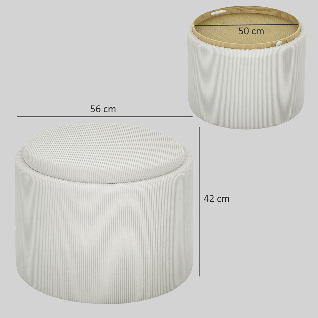 Opbevaringsskammel med opbevaringsplads, rund, fodstøtte, fløjlsbukser, mdf, cremehvid