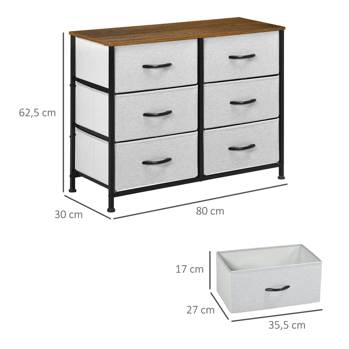Kommode/skænk, 6 skuffer, stofskuffer, 80 cm x 30 cm x 62,5 cm, brun + sort + grå