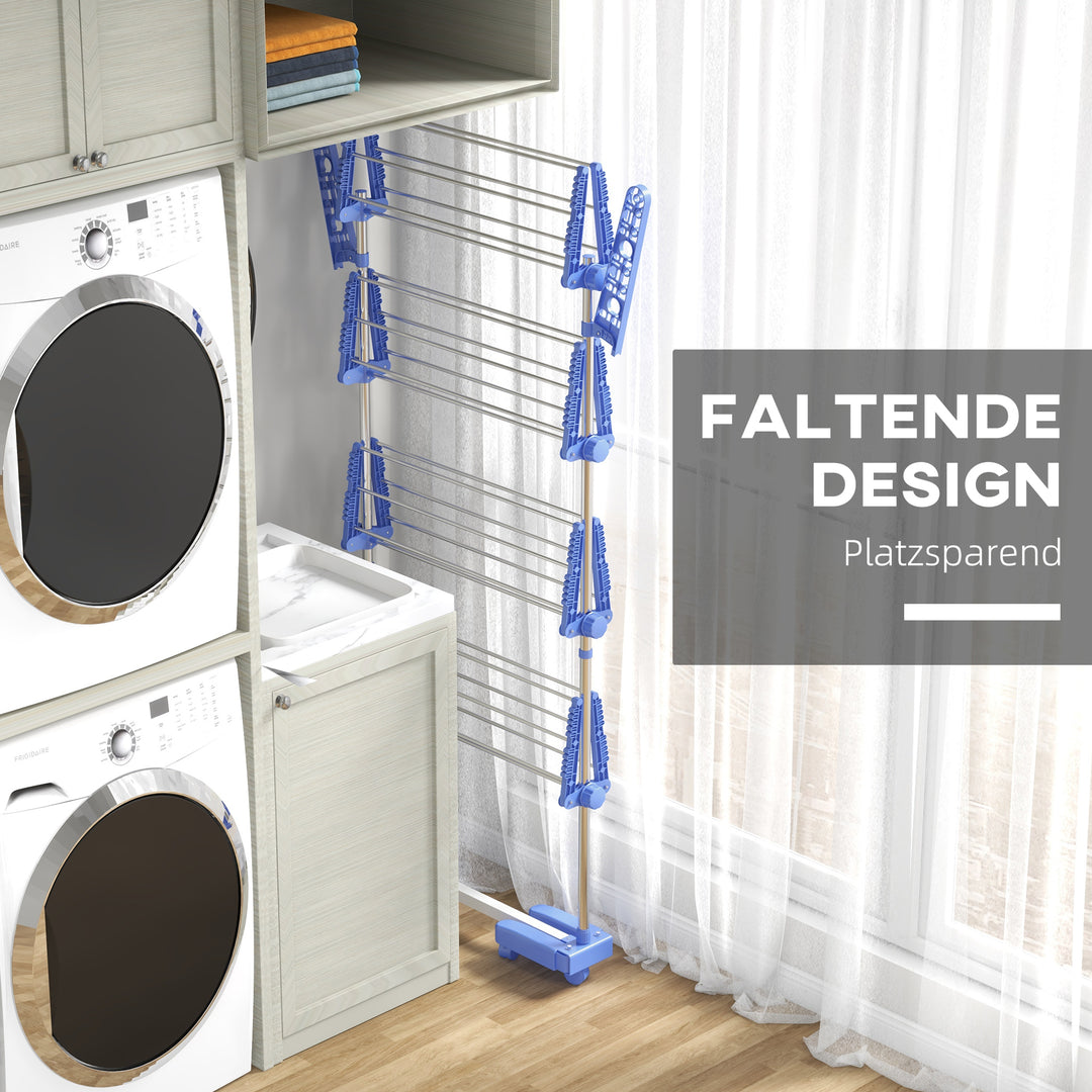 Tørrestativ med 5 niveauer, foldbar, et-klik-system, 142 cm x 55 cm x 1,72 cm, blå + sølv