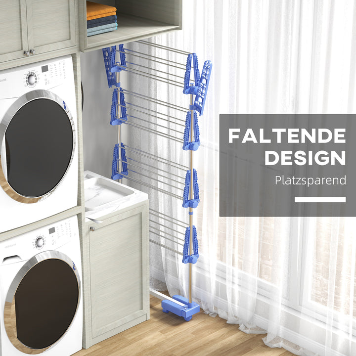 Tørrestativ med 5 niveauer, foldbar, et-klik-system, 142 cm x 55 cm x 1,72 cm, blå + sølv