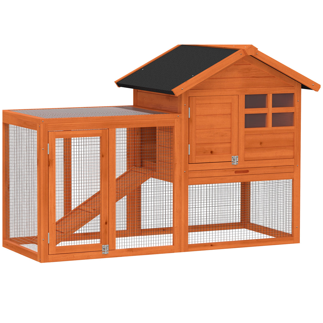 2-etagers kaninbur med vandtæt bitumentag, løbegård, rampe og døre, lavet af træ, 123,5 x 62,6 x 92,5 cm, orange