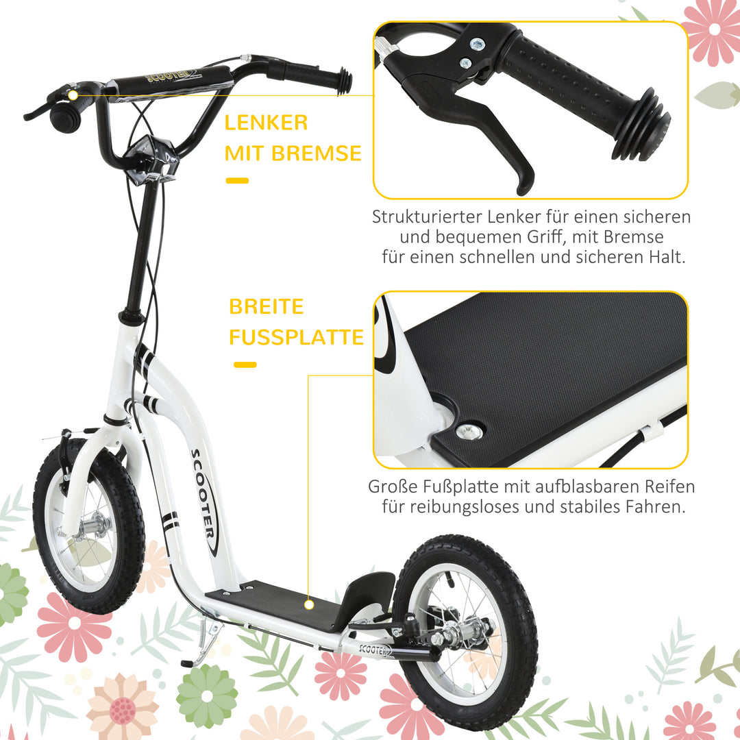 Børneløbehjul fra 5 år løbehjul børneløbehjul sparkløbehjul city scooter børneløbehjul kickboard med luftgummidæk 12 tommer gummi aluminium hvid 120 x 58 x 85-95 cm