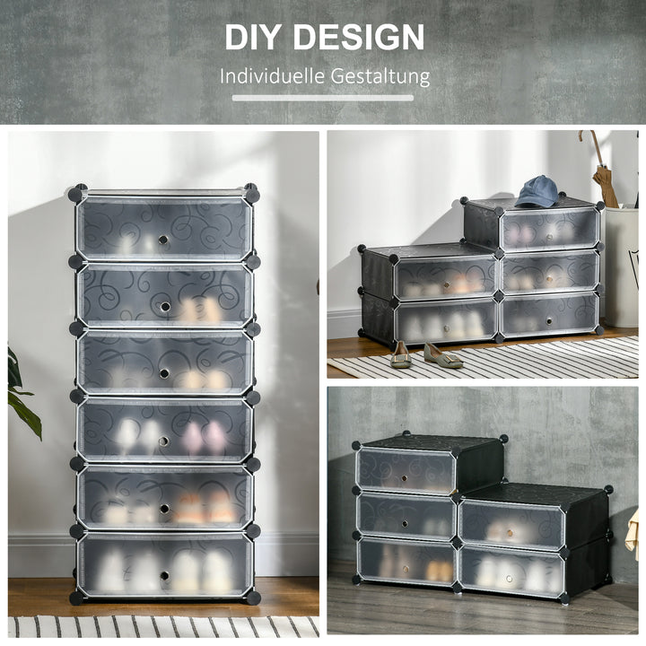 Modulært reolsystem til 6 par sko, 49 cm x 36,5 cm x 108 cm, sort