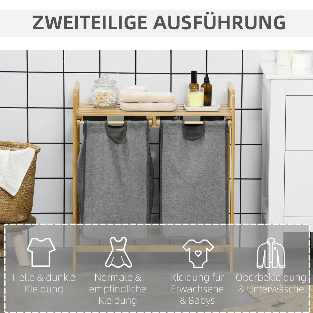 Vasketøjskurv, 2 vasketøjsposer, 2 håndtag, bambus, 63,5 x 33 x 73 cm, grå + natur