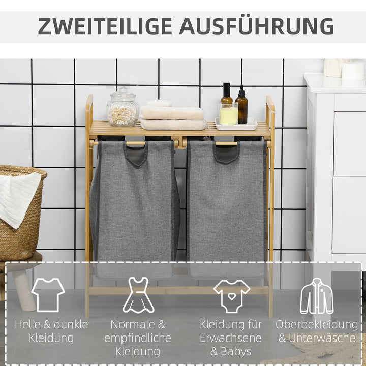 Vasketøjskurv, 2 vasketøjsposer, 2 håndtag, bambus, 63,5 x 33 x 73 cm, grå + natur