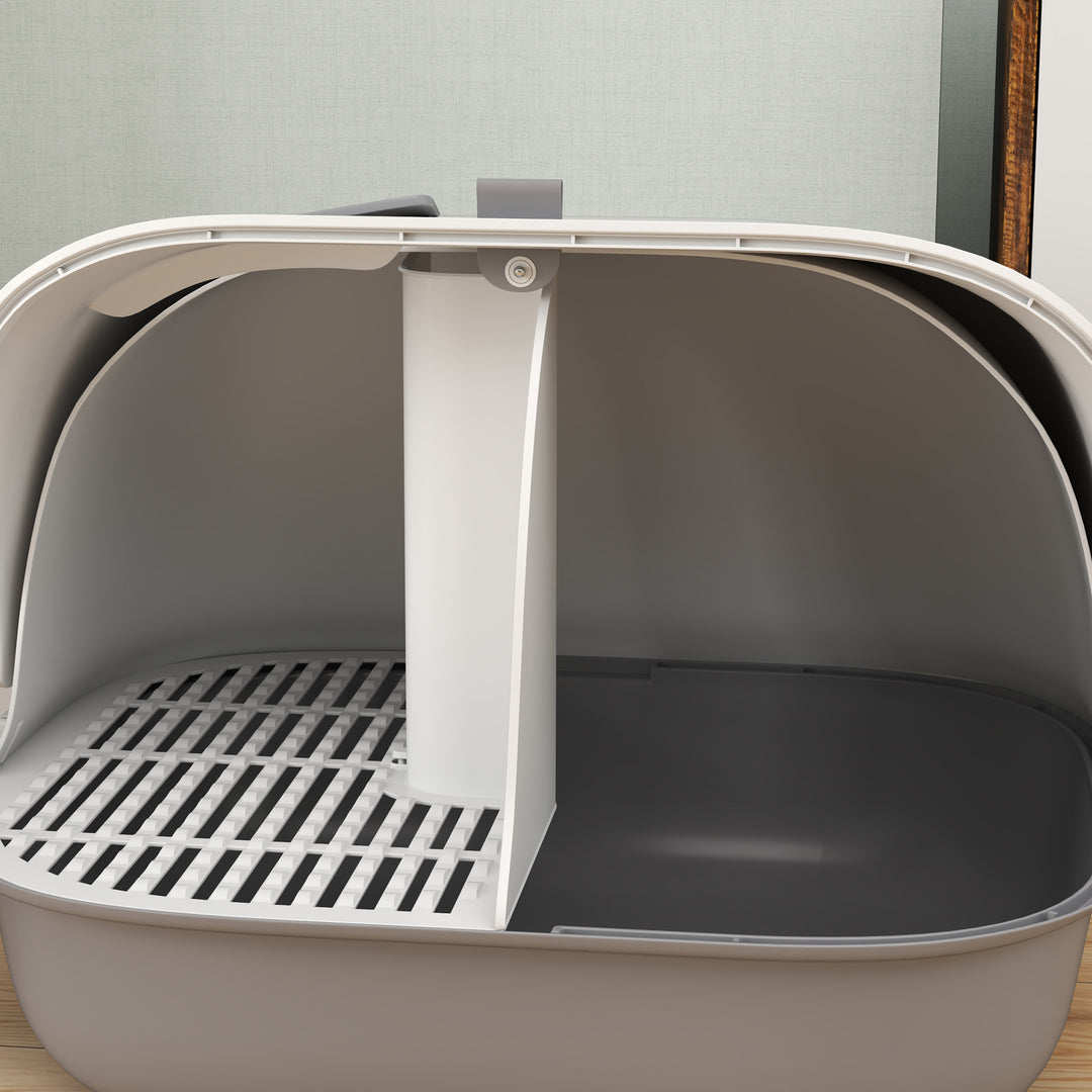 Kattebakke med låg, kattebakke med indvendig kanal, dør, skovl, nem at rengøre, plastik, lysegrå