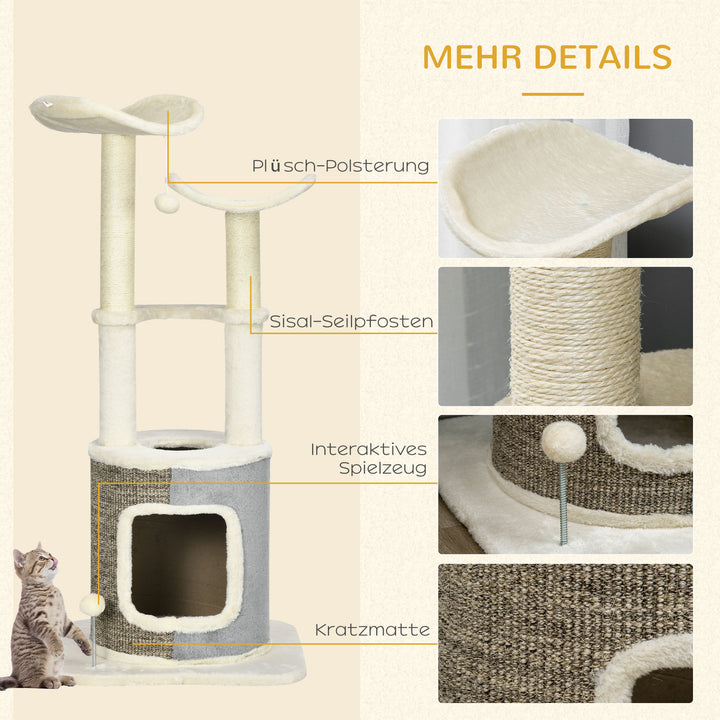 Kradsetræ med kattehule, to platforme, to kradsetræer, plysbetræk, cremehvid, 48 x 48 x 110 cm