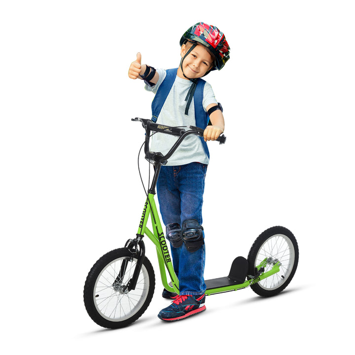 Børnescooter, sparkscooter, city scooter, sparkscooter, børnesparkbræt med luftgummidæk og håndbremse, scooter til børn fra 5 år, 16 tommer, grøn, 139 x 58 x 90-96 cm