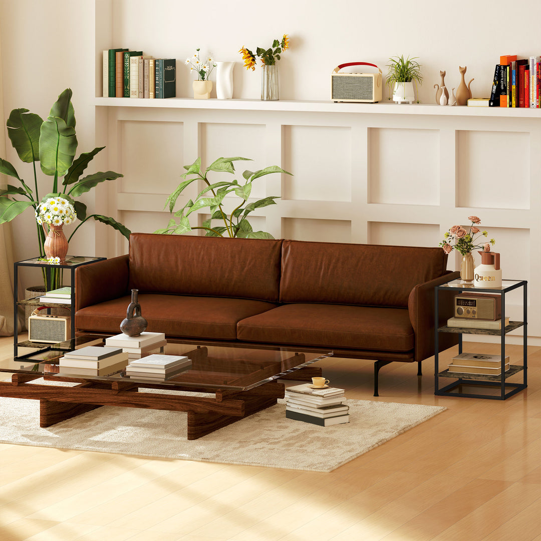 Sæt med 2 sideborde med glasplade, 3-lags design, metalstel, brun