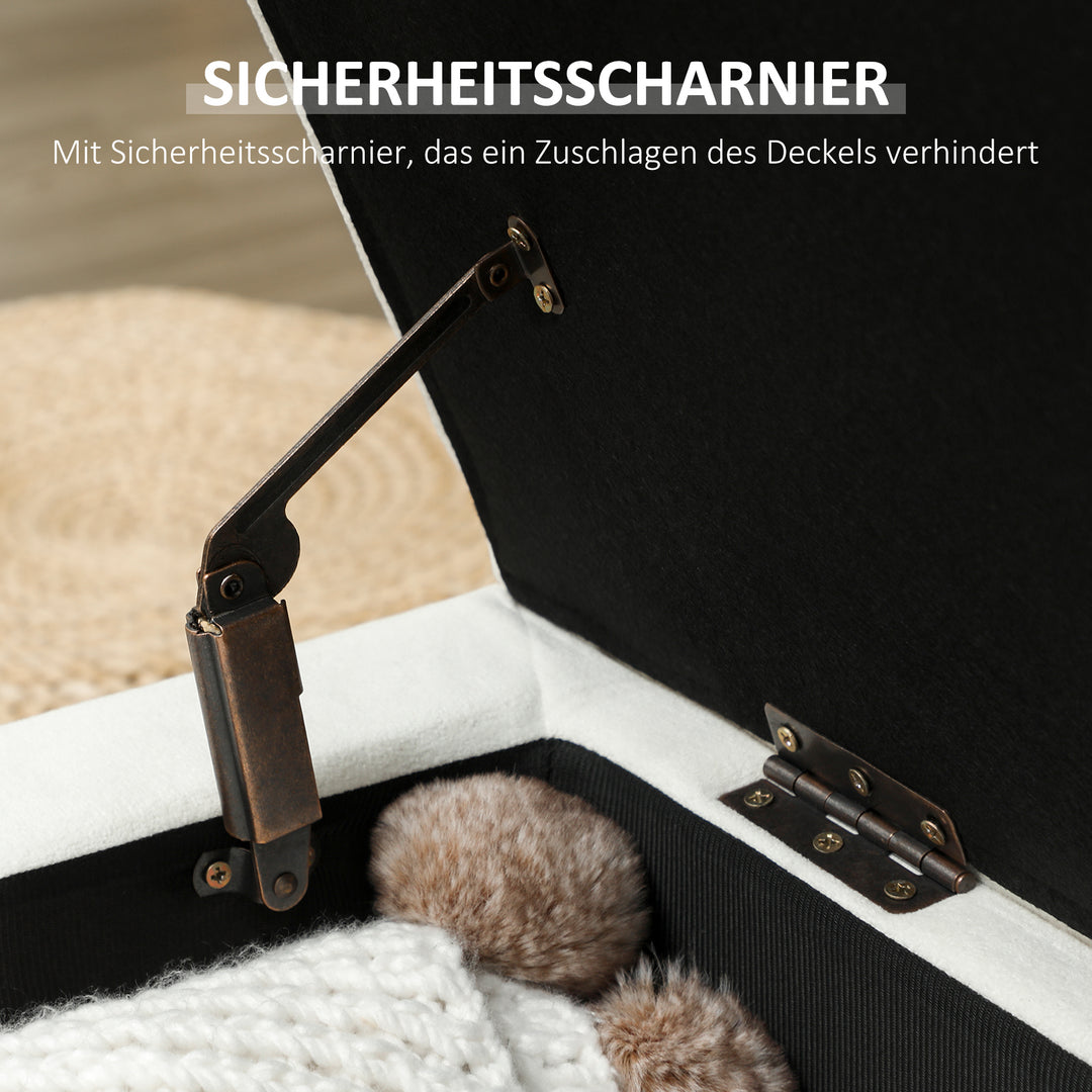 Polstret opbevaringsfodskammel med træben og blødt stofbetræk, cremehvid