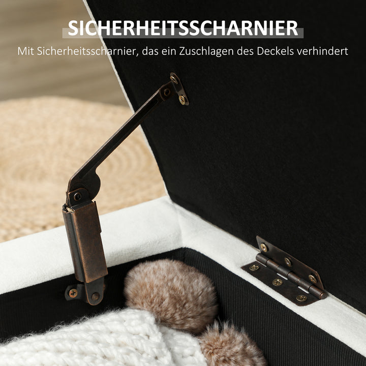 Polstret opbevaringsfodskammel med træben og blødt stofbetræk, cremehvid