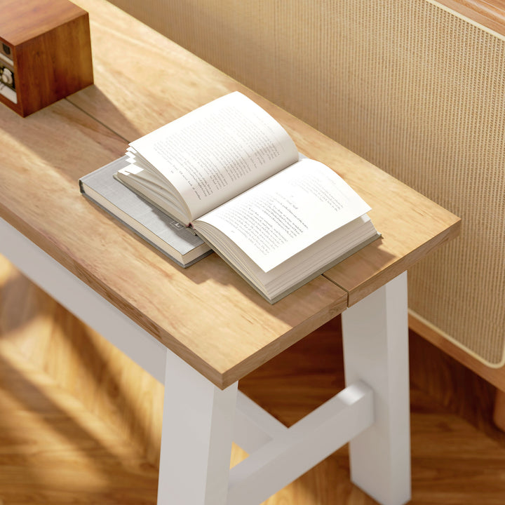 Bænk til 2 personer, træbænk i egetræslook, stabiliserende tværstang, til stue, spisestue, entre, gummitræ, hvid