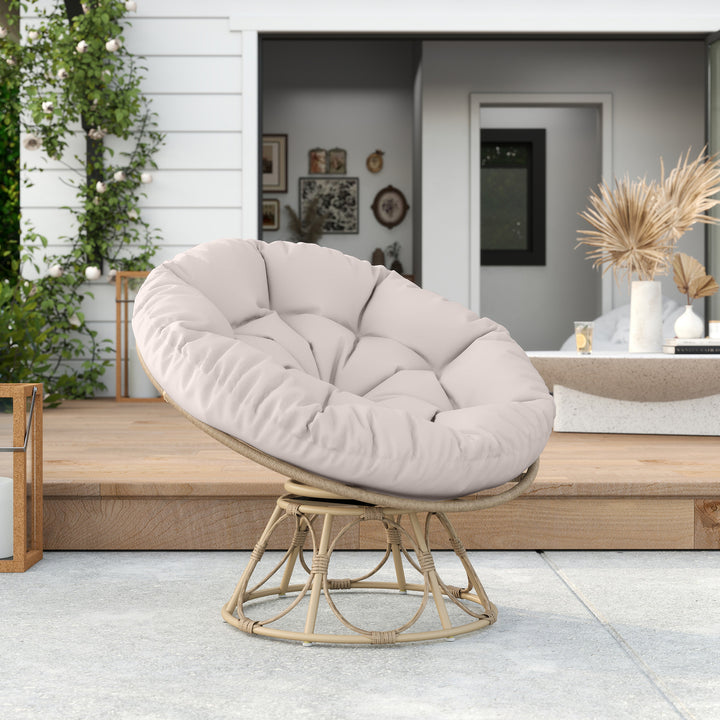 Papasan-stol i rattan, 360° drejelig kurvestol med siddehynde, rund udendørs