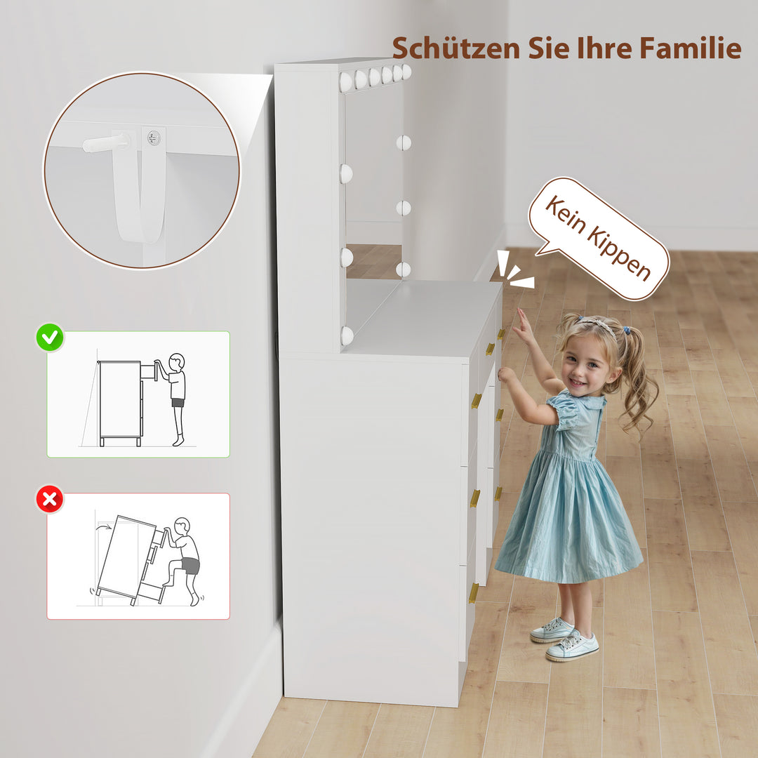 Toiletbord med spejl og 12 led-lys, sminkebord med 7 skuffer, spånplade, hvid