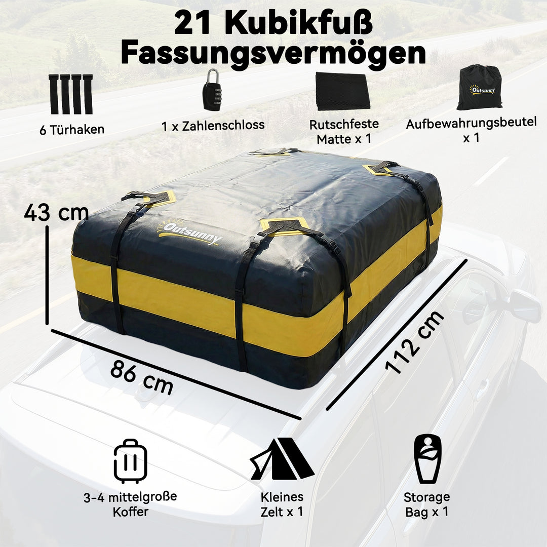 Vandtæt 425L biltagboks til køretøjstage med/uden tagbøjle, bagageboks med 8 forstærkede stropper og dørkroge, gul