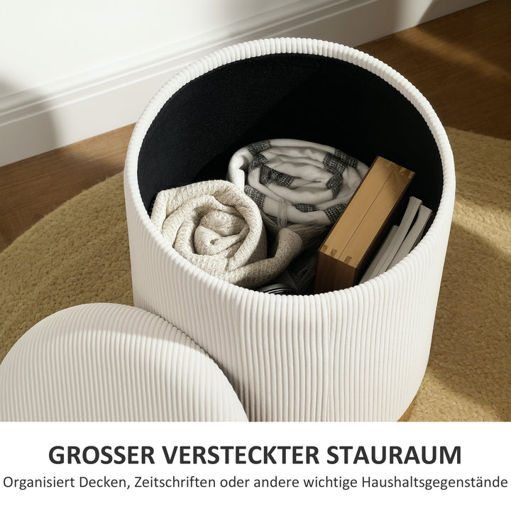 Skammel med opbevaringsplads, foldbar skammel med låg, stålbund, rund fodskammel 36 x 36 x 44 cm, cremehvid