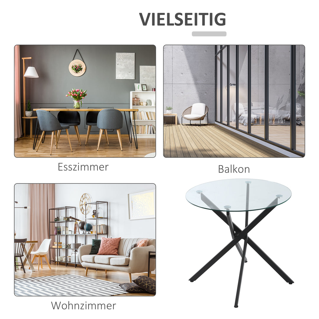 Moderne glas spisebord, 80 cm diameter, køkkenbord med hærdet glasplade og metalben, til 4 personer