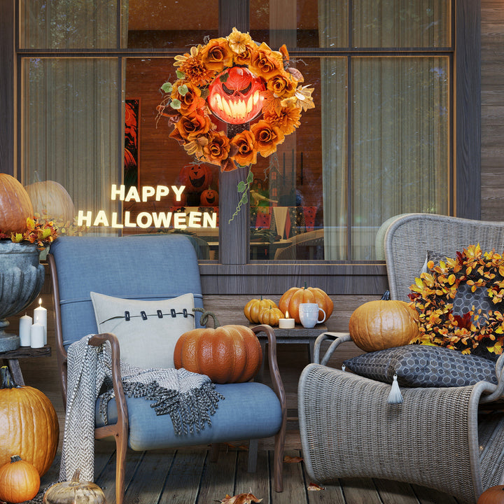 Halloween-krans, uhyggeligt græskardesign, efterårsblade, lyseffekter, plastik
