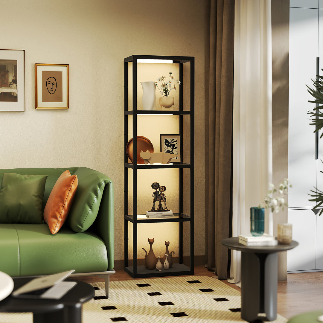 Led-gulvlampe med 4-lags hylde, oplyst hylde med 4 glasrum, fodkontakt, mdf, sort