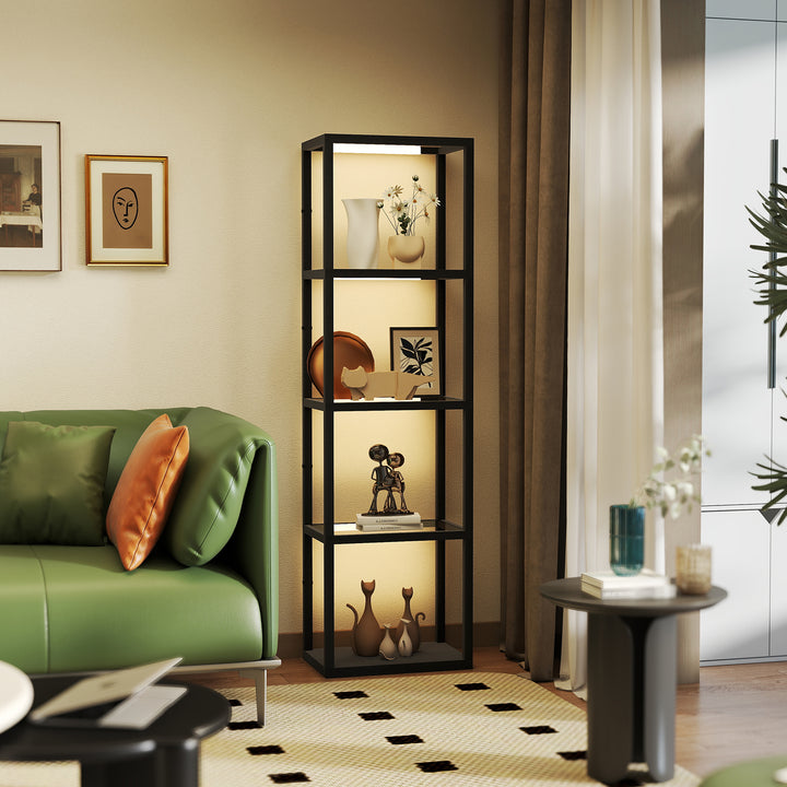 Led-gulvlampe med 4-lags hylde, oplyst hylde med 4 glasrum, fodkontakt, mdf, sort