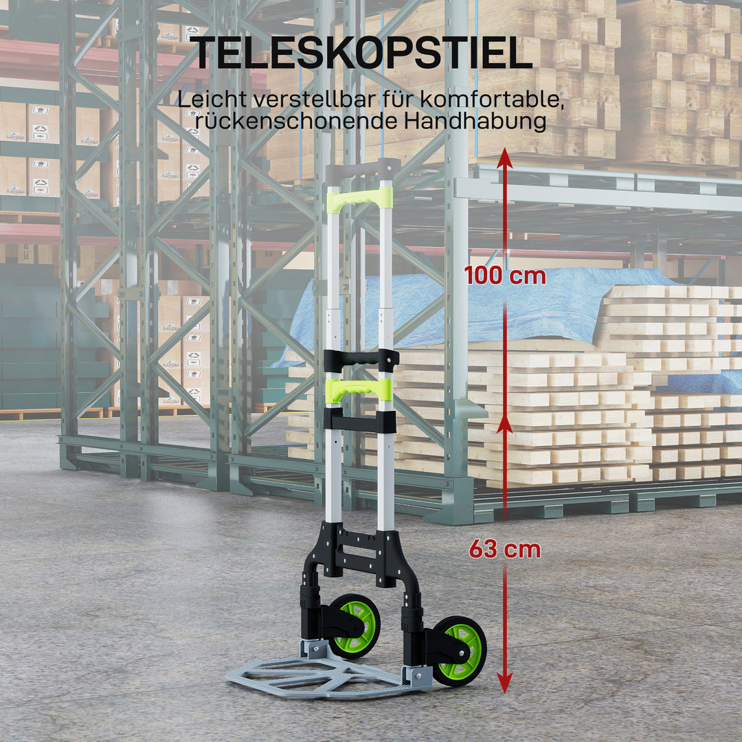 Sammenklappelig sækkevogn i aluminium med teleskophåndtag, højdejusterbar til 100 cm