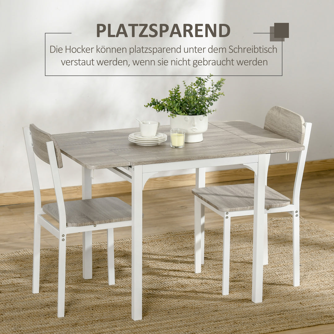 2-delt siddesæt, foldbart spisebord med 2 stole, klapbord, 110 cm x 70 cm x 75 cm, hvid + natur
