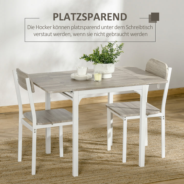 2-delt siddesæt, foldbart spisebord med 2 stole, klapbord, 110 cm x 70 cm x 75 cm, hvid + natur