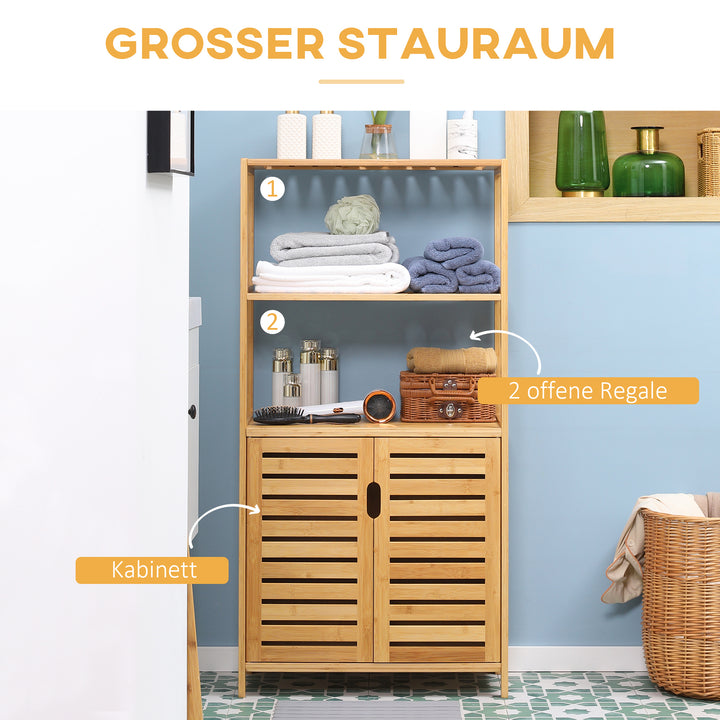 Badeværelsesskab, badeværelseskommode med lameldøre, badeværelseshylde, bambustræ, naturtræ