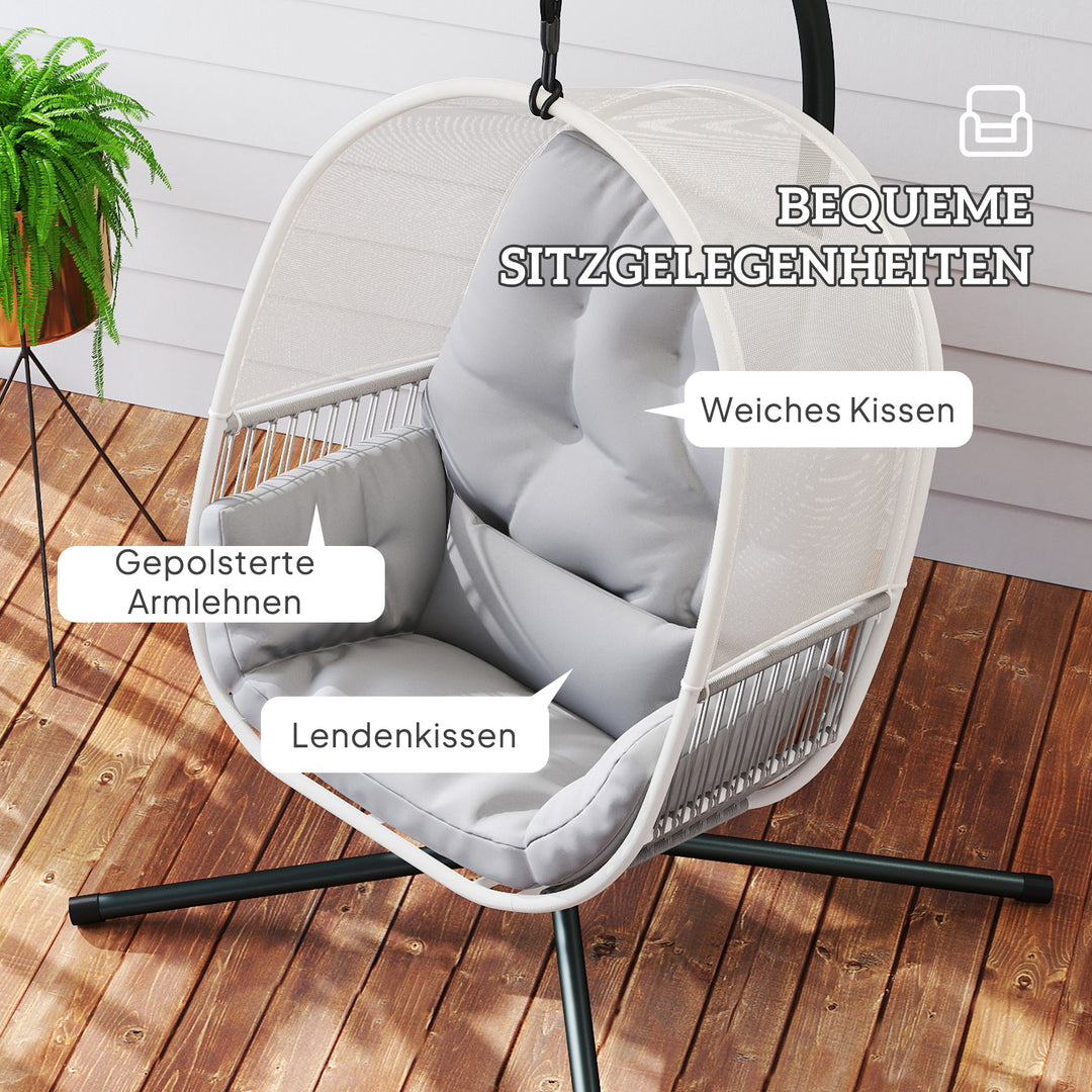 Hængestol med stel, ægformet hængegynge med blød, dyb hynde, siddehynder lysegrå