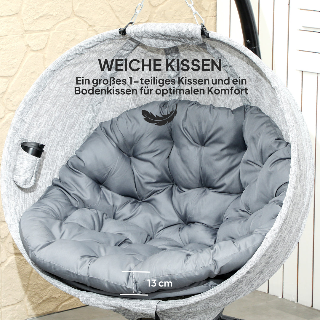 Ægformet hængekurv, hængestol med gyngefunktion og foldbar kurv, havestol, kopholder, grå