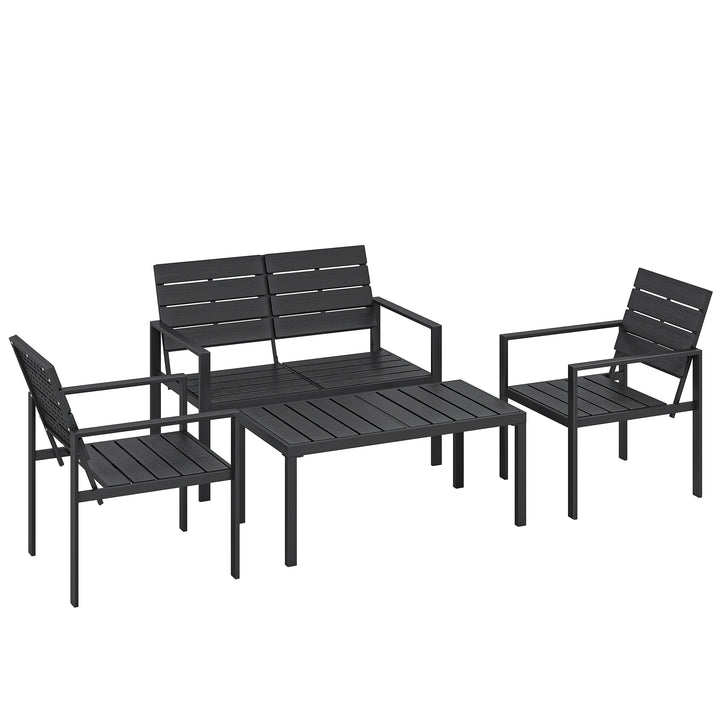 Havemøbelsæt, 4 personer, med 2-personers sofa, 2 lænestole, bredt sofabord, HDPE-lameller, vejrbestandig, sort