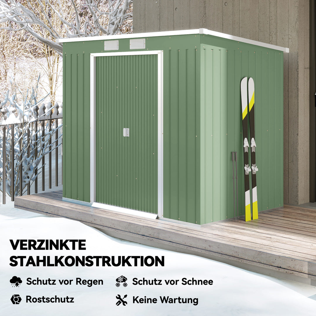 Haveskur med ventilationsvinduer, skydedøre, galvaniseret stål, 213 x 130 x 159 cm, grøn