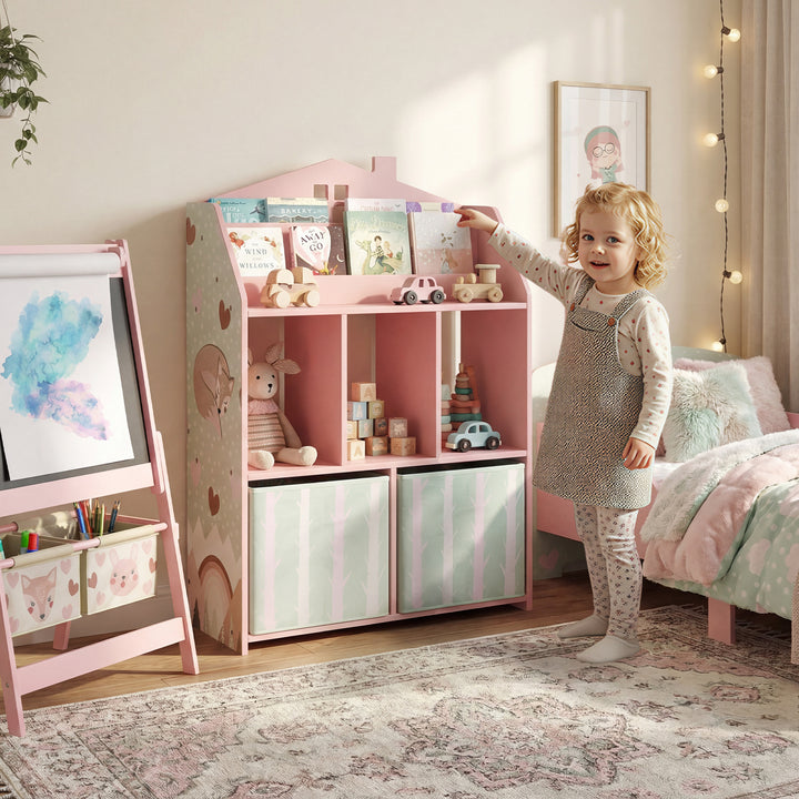 Børnebogreol med 2 stofskuffer, åben hylde til alderen 3-8, 62,5x30x91,5 cm, lyserød