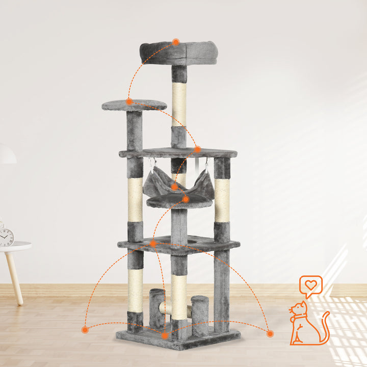Kradsetræ til katte, legetårn til katte, klatretræ til katte, kradsetræ til hængekøje, grå l40 x b40 x h132 cm