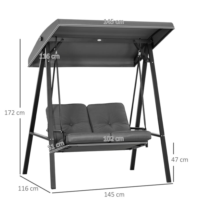Hollywood gynge, 2-personers havegynge med justerbar baldakin, lasteevne op til 220 kg, 145 x 116 x 172 cm, mørkegrå