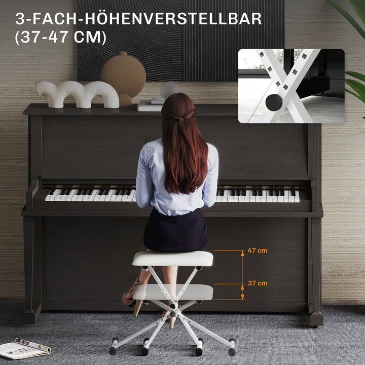 Klaverstol, højdejusterbar, foldbar X-formet klaverbænk med kunstlæderhynde, 39 x 29 x 37-47 cm, hvid