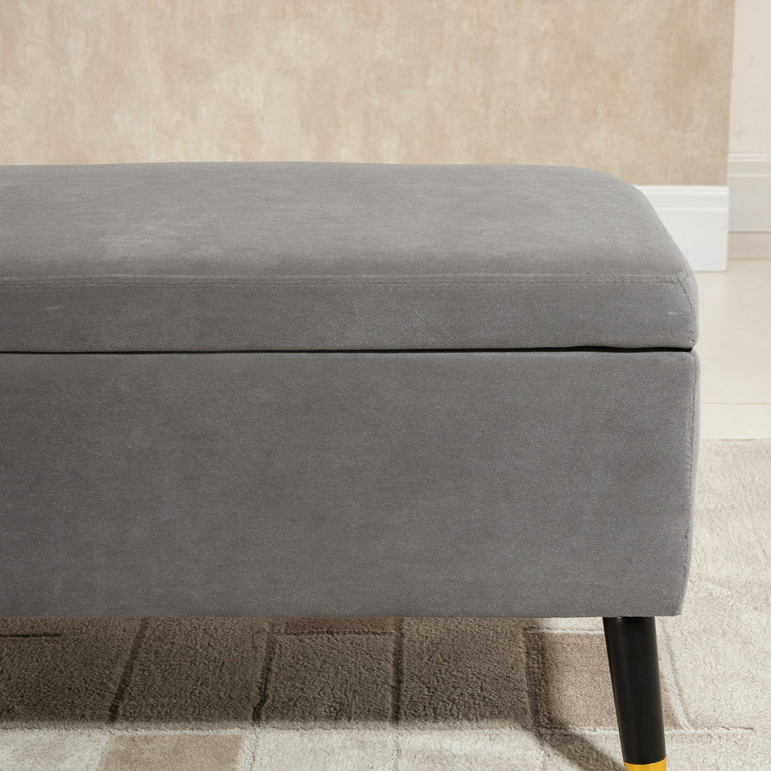Bænk, polstret bænk med opbevaringsplads, kommodebænk, metal, skum, gummitræ, trækulsgrå, 110 x 43 x 45 cm