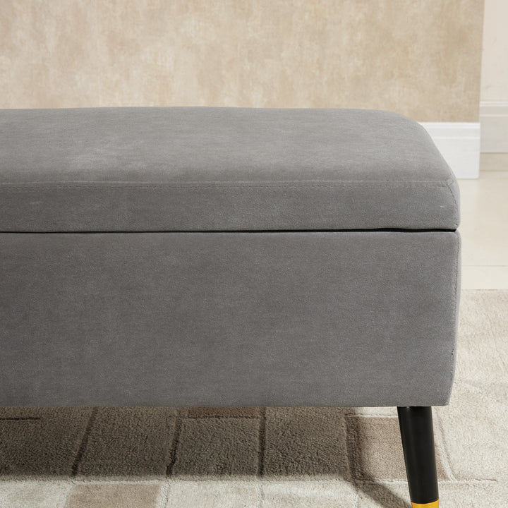 Bænk, polstret bænk med opbevaringsplads, kommodebænk, metal, skum, gummitræ, trækulsgrå, 110 x 43 x 45 cm
