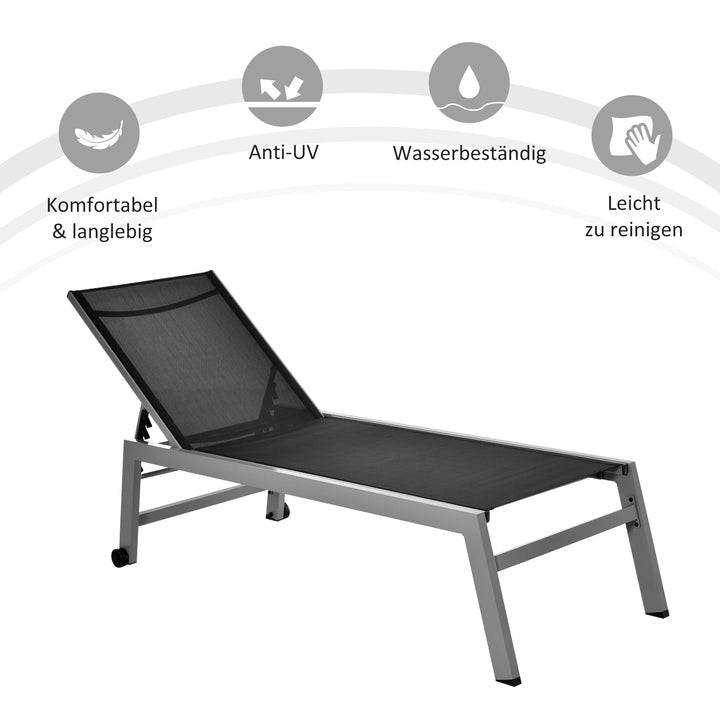 Solseng, havestol, justerbar ryglæn med 5 positioner, aluminium, sort, 202 x 65 x 43 cm
