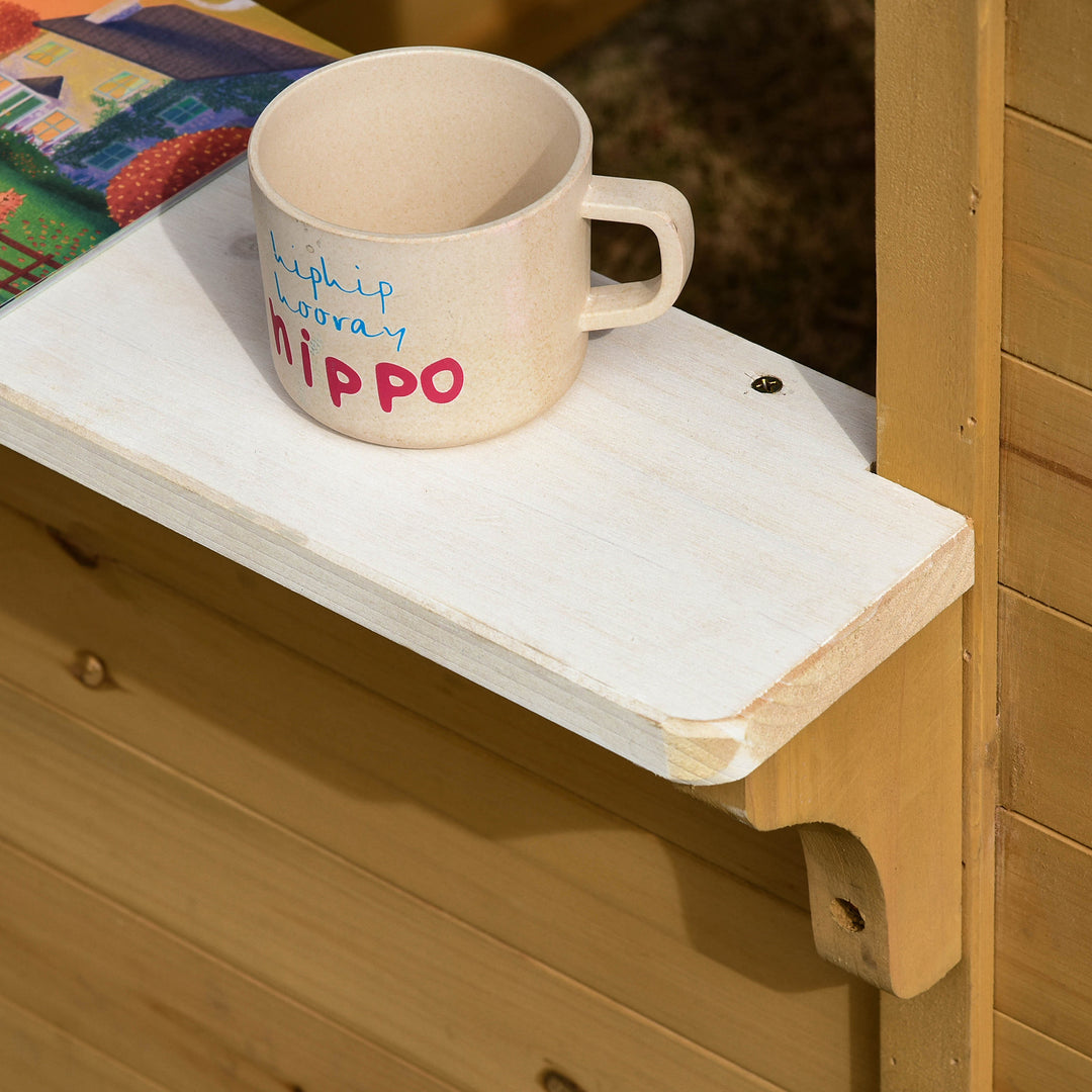 Børnelegehus i træ, udendørs legehus med dør, vindue og plantekasse, postkassebænk til børn 3-6 år