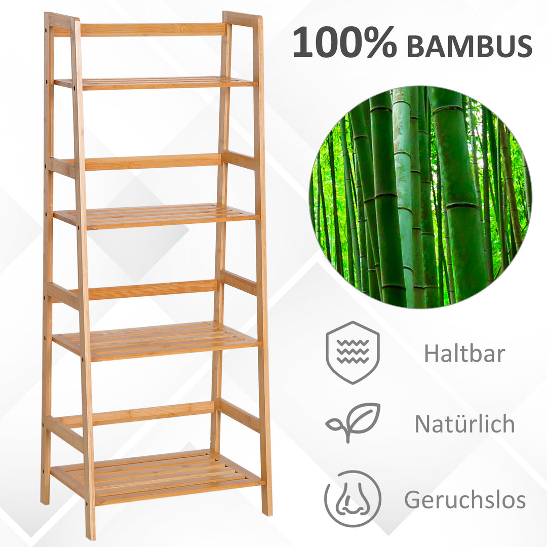 Bogreol, 4 etager, stigedesign, bambustræ, naturfarvet