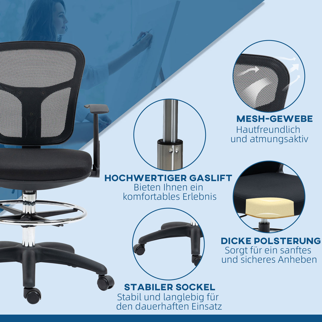 Tegnestol skrivebordsstol computerstol, inkl. fodstøtte, højdejusterbar, 59 x 59 x 115 cm, sort