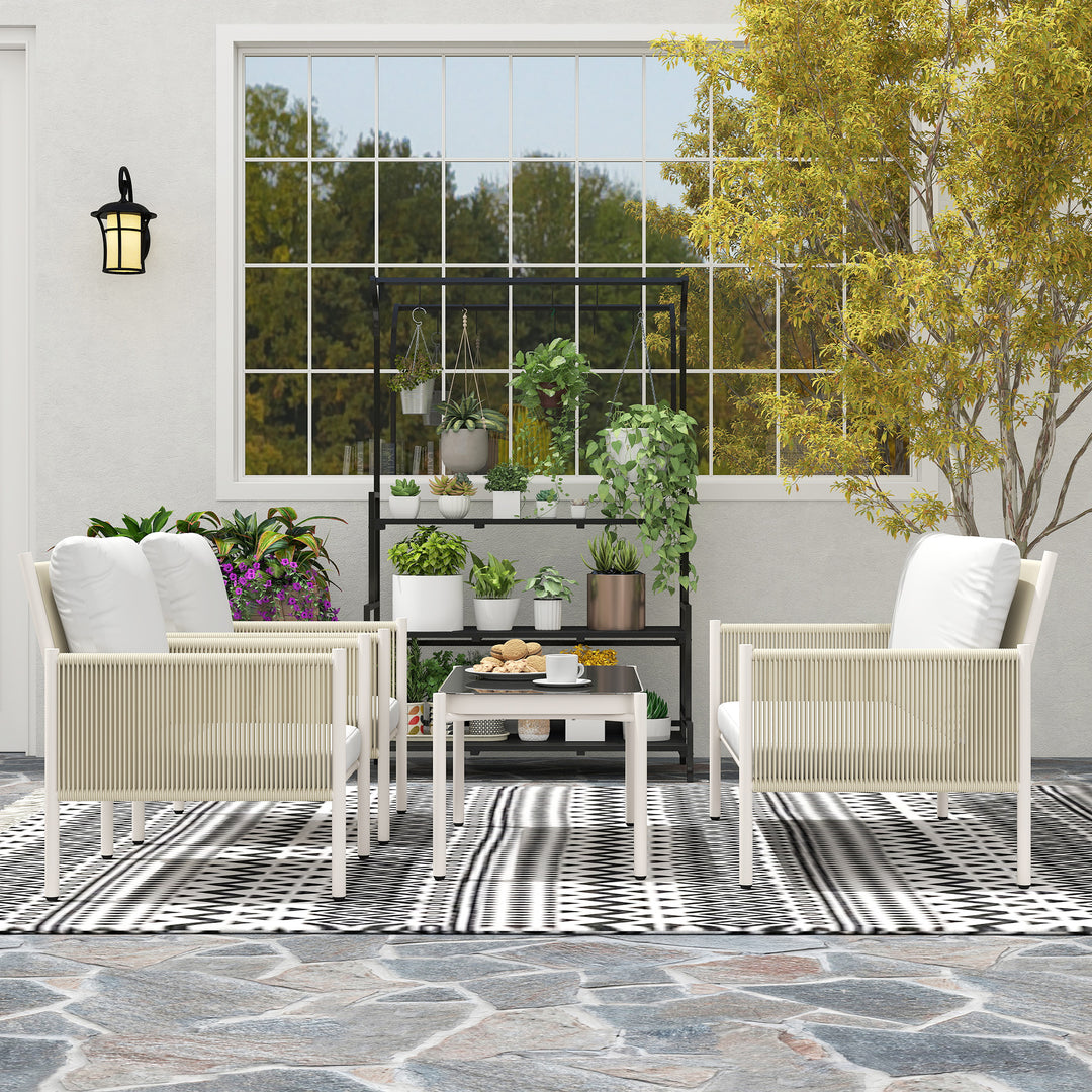 Havemøbelsæt af polyrattan loungesæt med 2-personers sofa, lænestol, glasbord, hynder til 4 personer, brun + grå