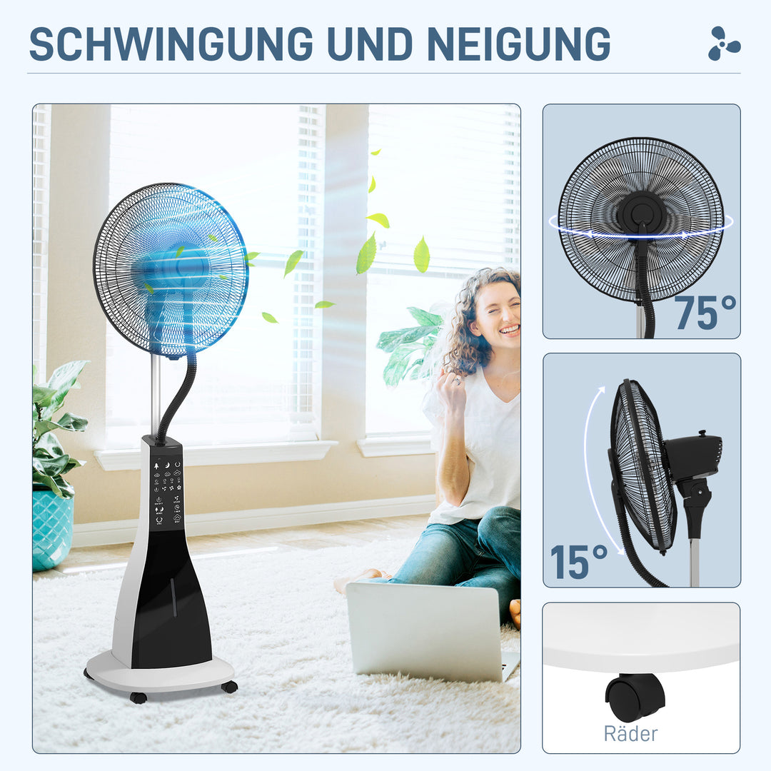 Sokkelventilator med befugtning, støjsvag, bærbar, fjernbetjening, sort/hvid