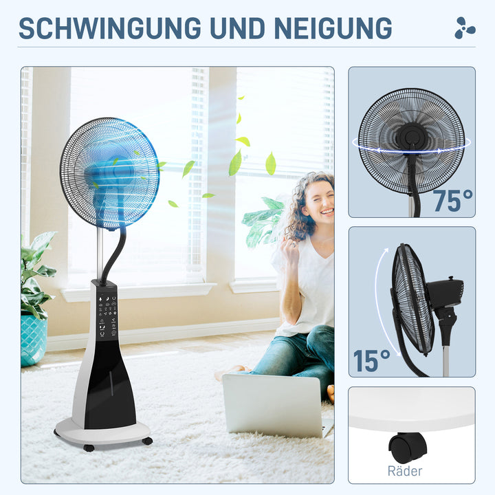 Sokkelventilator med befugtning, støjsvag, bærbar, fjernbetjening, sort/hvid